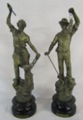 2 spelter style figures 'Le Mineur' (arm af) & 'Le Forgeron' H 45 cm