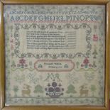 Framed Victorian sampler by Elizabeth Wilkins dated 9th October 1858 35 cm x 35 cm (size including