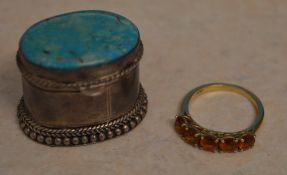 Gilt silver ring with orange coloured stones and a 925 silver small pot