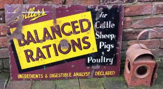 Spillers Balanced Rations enamel sign 75cm by 50cm & a road workers lamp