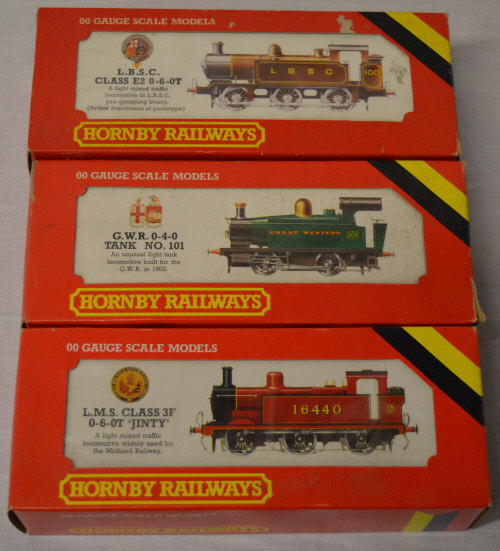 3 Hornby boxed locomotives including L.B.S.C Class E2 0-6-0T 100, GWR 0-4-0 Tank No.