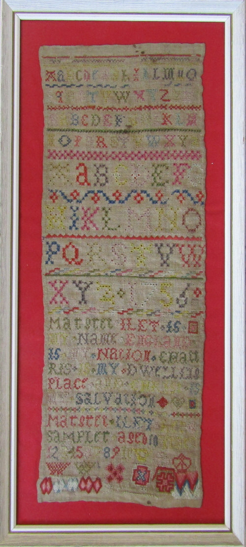 Framed George II sampler by M** Iley aged 10 dated 1756 30.