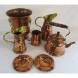 Selection of copper ware inc jugs and kettle