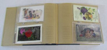 Postcard album containing assorted postcards inc greeting cards,