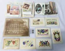 WW1 collection comprising military photograph, 7 silk postcards, 2 silver 3d coins 1914 & 1918,