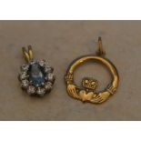 9ct gold pendant/fob and a 9ct gold aquamarine and cubic zirconia drop pendant,
