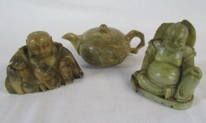 19th century small Chinese soapstone teapot and cover & 2 soapstone seated buddhas (1 af)