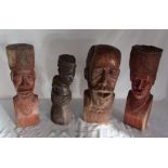 4 carved wooden tribal /African busts hand crafted in Zimbabwe H 35 cm