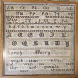 Framed Victorian sampler by Sarah Ellen Berry aged 8 dated 1894 45 cm x 45 cm (size including