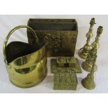 Selection of brassware inc coal bucket, ink stand, box,