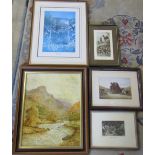 Various prints & an oil on board of a rural landscape