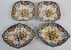 Early 19th century pair of Crown Derby navette shaped dishes 28 cm x 21 cm & pair of square dishes