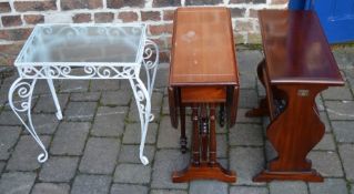 Small drop leaf occasional table, white wrought iron table & mahogany magazine rack