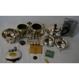 Various items of silver plate including a tea set, silver matchbox holder (AF), 1929 penny, Delvey