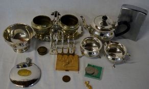 Various items of silver plate including a tea set, silver matchbox holder (AF), 1929 penny, Delvey