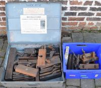 Large quantity of old wooden moulding planes in a Schemuly Pistol Rocket tin case