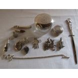Box of assorted silver inc whistle, brooches, pencil holder, thimbles and lidded pot total weight