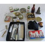 Box of assorted items inc thimbles, trinket /pill boxes, lighter & scales
