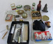 Box of assorted items inc thimbles, trinket /pill boxes, lighter & scales