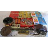 Various vintage board games, marbles, camera etc