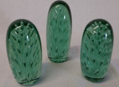 3 green glass dumps 14cm, 14cm and 17cm (one af)