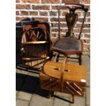 Victorian Art Nouveau child's chair, a sewing box on legs, bamboo shelf & a tray