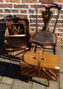 Victorian Art Nouveau child's chair, a sewing box on legs, bamboo shelf & a tray