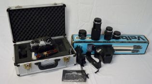 Olympus OM10 SLR camera with case, lenses & Velbon tripod