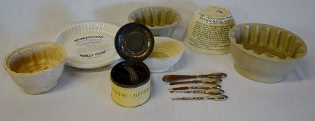 Stoneware jelly moulds, vintage pastry cutters & tin &  silver handled manicure etc set