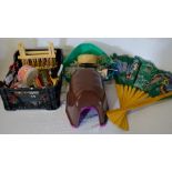 Various pet related items & a large Oriental fan