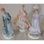 3 Royal Worcester Walking Out Dresses figurines 1855 Crinoline, 1818 Regency and 1878 Bustle