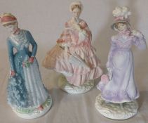 3 Royal Worcester Walking Out Dresses figurines 1855 Crinoline, 1818 Regency and 1878 Bustle