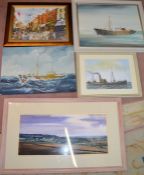 David Cuppleditch watercolour of a Wolds landscape,3 Grimsby trawler paintings & a Colin Carr print