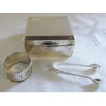 Silver cigarette box Birmingham hallmark, napkin ring Birmingham 1919 & sugar tongs Sheffield