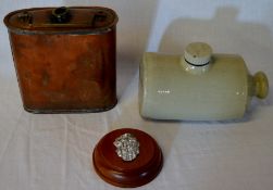 Copper flask, stoneware hot water bottle & a mounted small head mascot