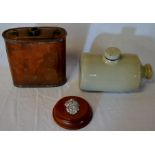 Copper flask, stoneware hot water bottle & a mounted small head mascot