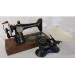 Kitchen scales with enamel pan and weights and Singer sewing machine