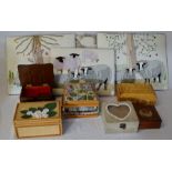6 wooden boxes including jewellery & 4 needlepoint panels depicting sheep