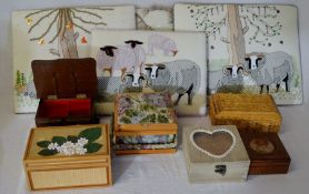 6 wooden boxes including jewellery & 4 needlepoint panels depicting sheep