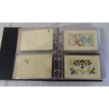 Album containing WWI embroidered silks - 44 postcards and 3 greeting cards