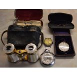 Lemaire Paris mother of pearl opera glasses, ladies Swiss silver fob watch AF, Smith's gents