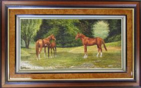 Framed oil on board of a group of horses by B J Davis 83 cm x 52 cm (size including frame)