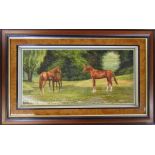 Framed oil on board of a group of horses by B J Davis 83 cm x 52 cm (size including frame)