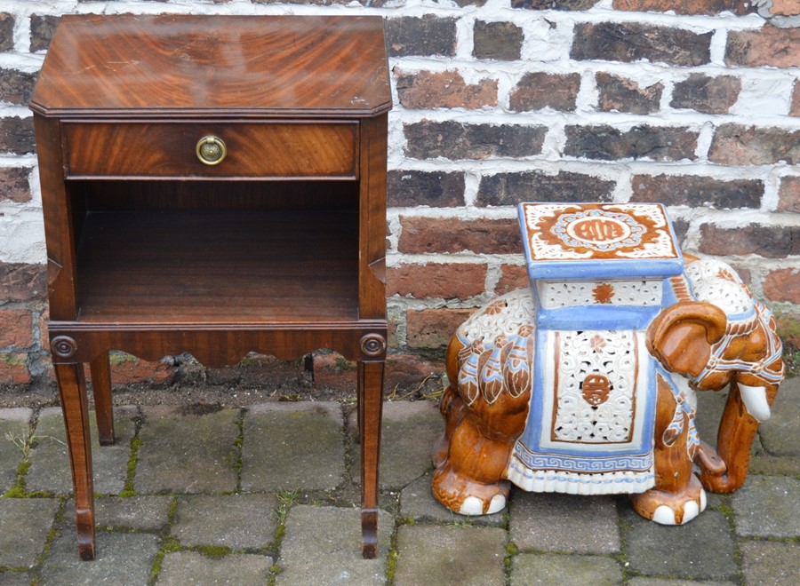 Regency style bedside cabinet & a ceramic elephant seat