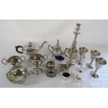 Assorted silver plate inc tea set, mustard pots and goblets