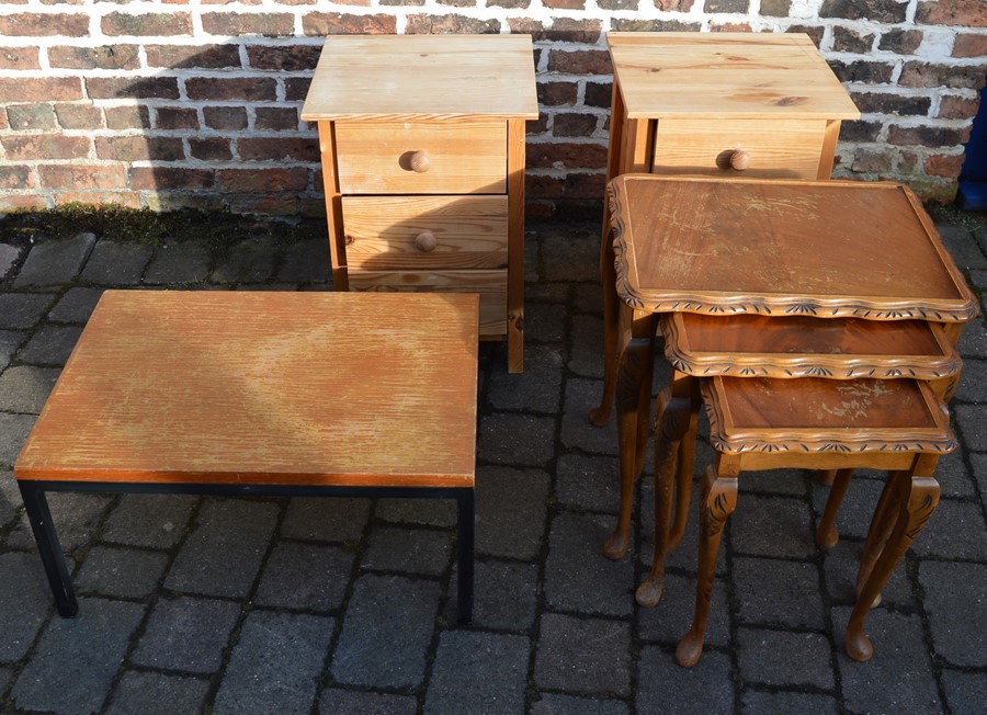 Pair of pine bedside cabinets, small coffee table & a nest of tables (missing glass tops)