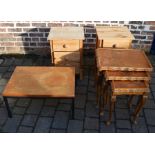 Pair of pine bedside cabinets, small coffee table & a nest of tables (missing glass tops)