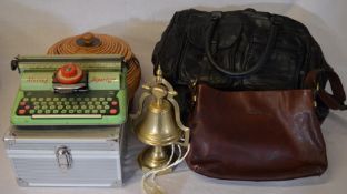 Mettoy Supertype child's typewriter, 2 leather holdalls & handbag, brass bell etc