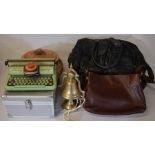 Mettoy Supertype child's typewriter, 2 leather holdalls & handbag, brass bell etc