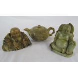 Small 19th century Chinese soapstone teapot and cover & 2 soapstone seated buddhas (1 af)